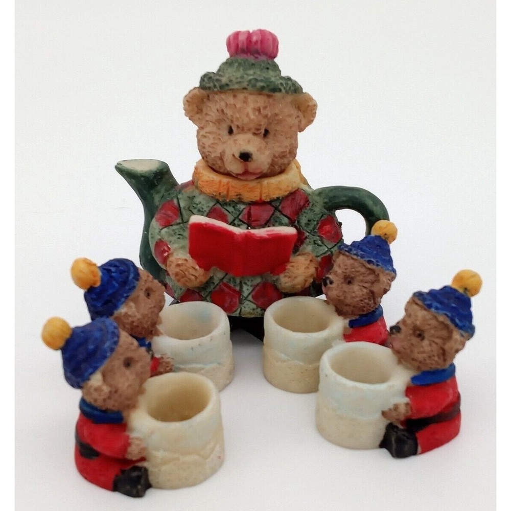 Winter Bears Miniature Tea Set 6 Piece Teapot Cups Plate Resin 1995 Vintage